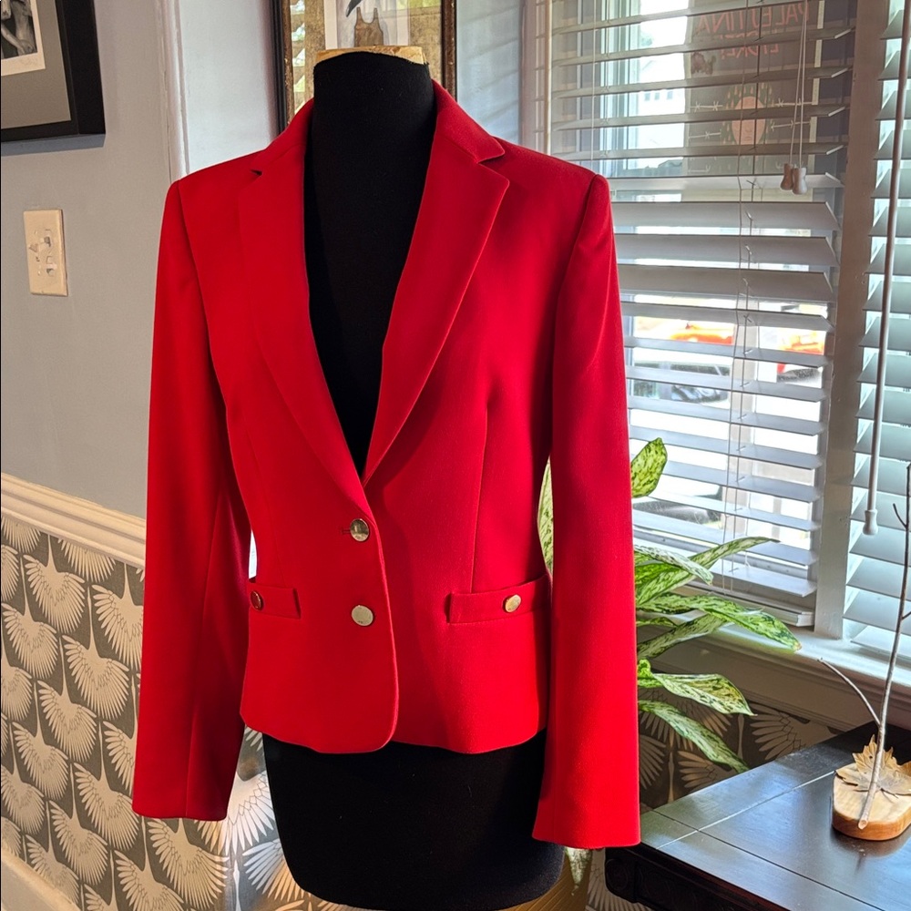 Anne Klein Work equestrian style Red Suit Blazer jacket gold buttons.